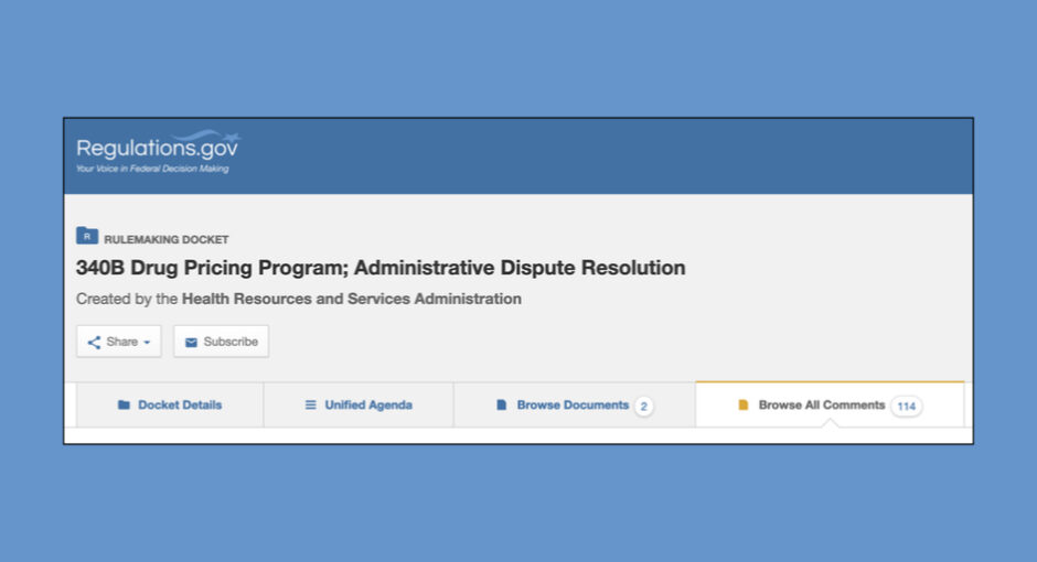 Screenshot of regulations.gov 340B drug pricing program ADR document details.