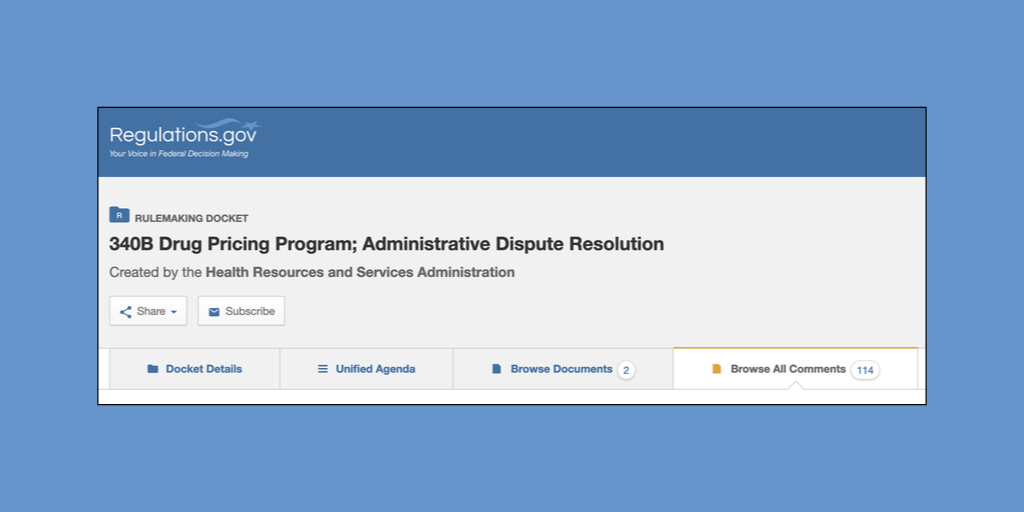 Screenshot of regulations.gov 340B drug pricing program ADR document details.