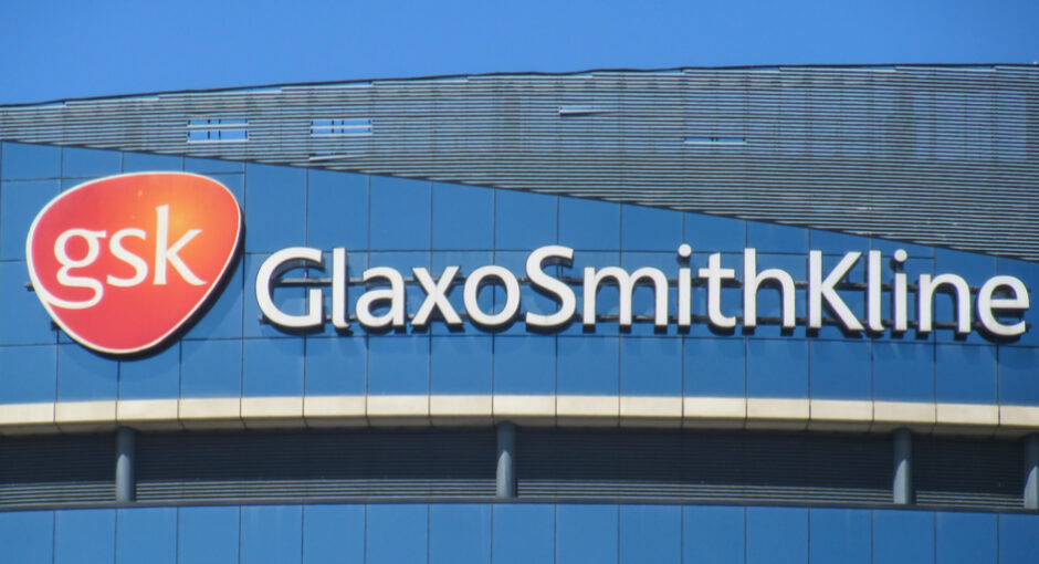 GlaxoSmithKline wordmark and GSK logo on a building