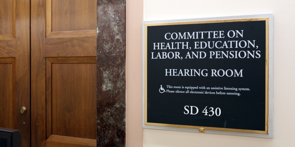 Senate HELP hearing room sign on wall