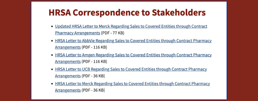 screenshot of HRSA correspondence to stakeholders web page
